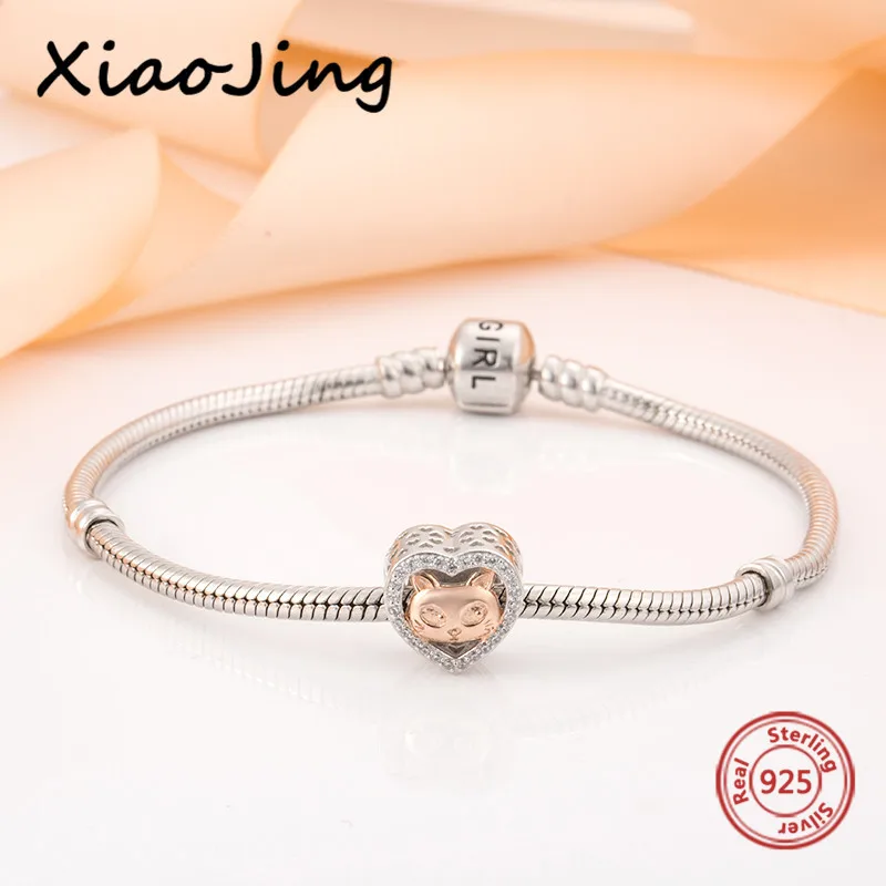 XiaoJing, 925, Серебряное сердце, розовое золото, бусина "Кошка", Шарм с фианитами, подходит для аутентичных браслетов pandora, сделай сам, ювелирное изделие для любимой, подарок