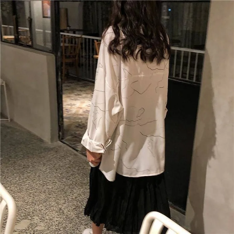 

QWEEK Vintage Blouse Women Elegant White Collared Shirt Long Sleeve Tops Striped Printed Lazy Women Blouse Oversized Casual Chic