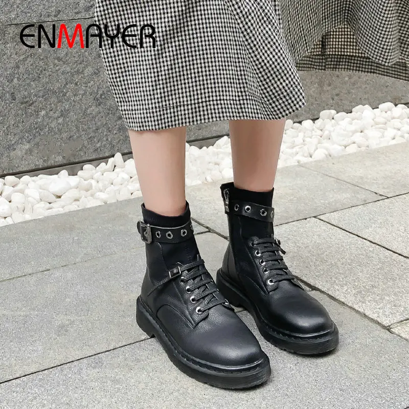 

Женские мотоциклетные ботинки ENMAYER, зимние ботинки из натуральной кожи, на шнуровке, с круглым носком, на квадратном каблуке, размеры 34-42, 2019