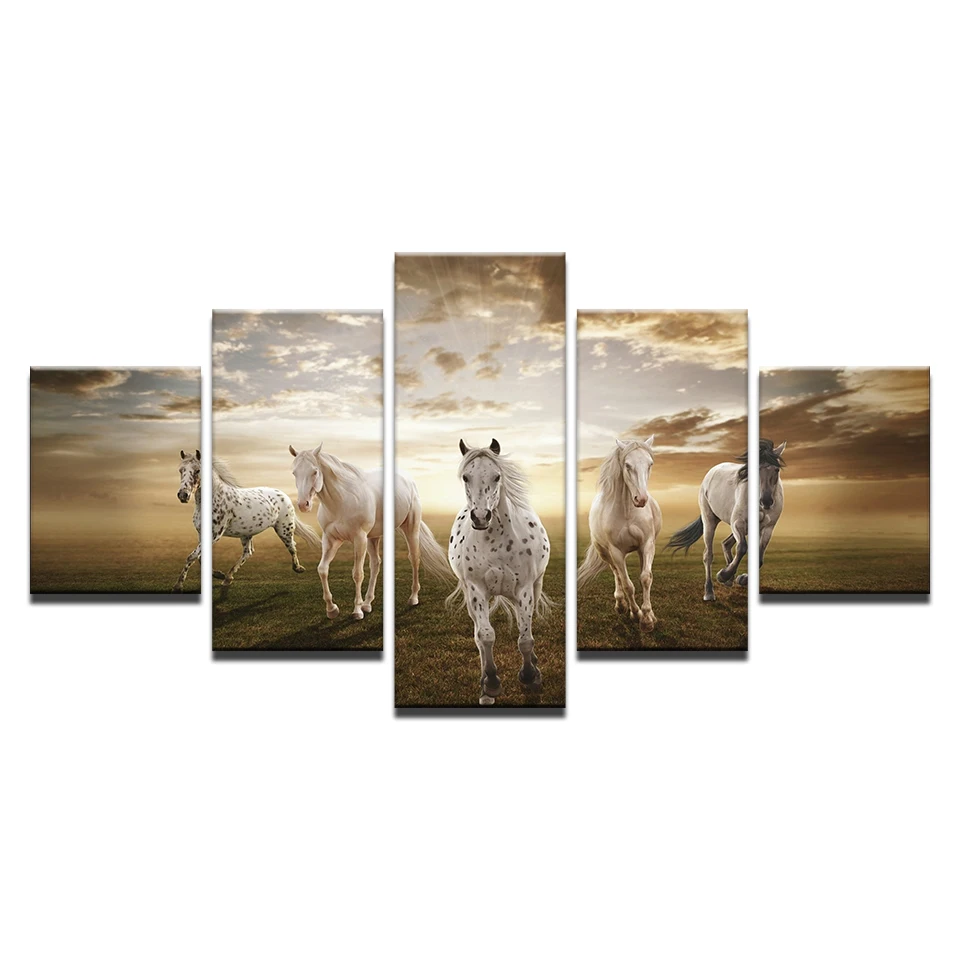 Холст Картины Wall Art рамка Декор в гостиную 5 шт. бег конь фотографии модульный HD с