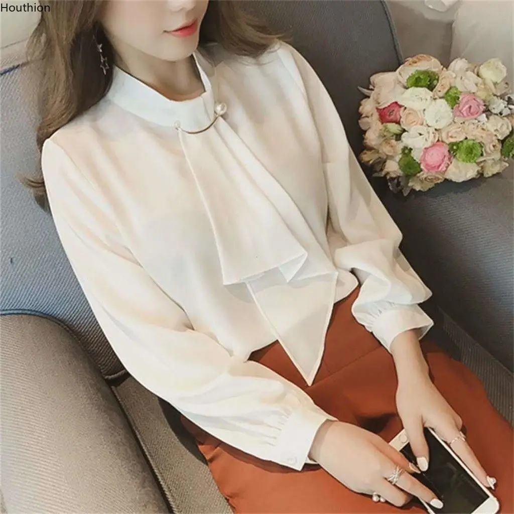 

Houthion New Fashion Women's Blouses Summer Blouse Solid Comfortable Stand-up Collar Long Sleeve Korean Top Lady Blusas