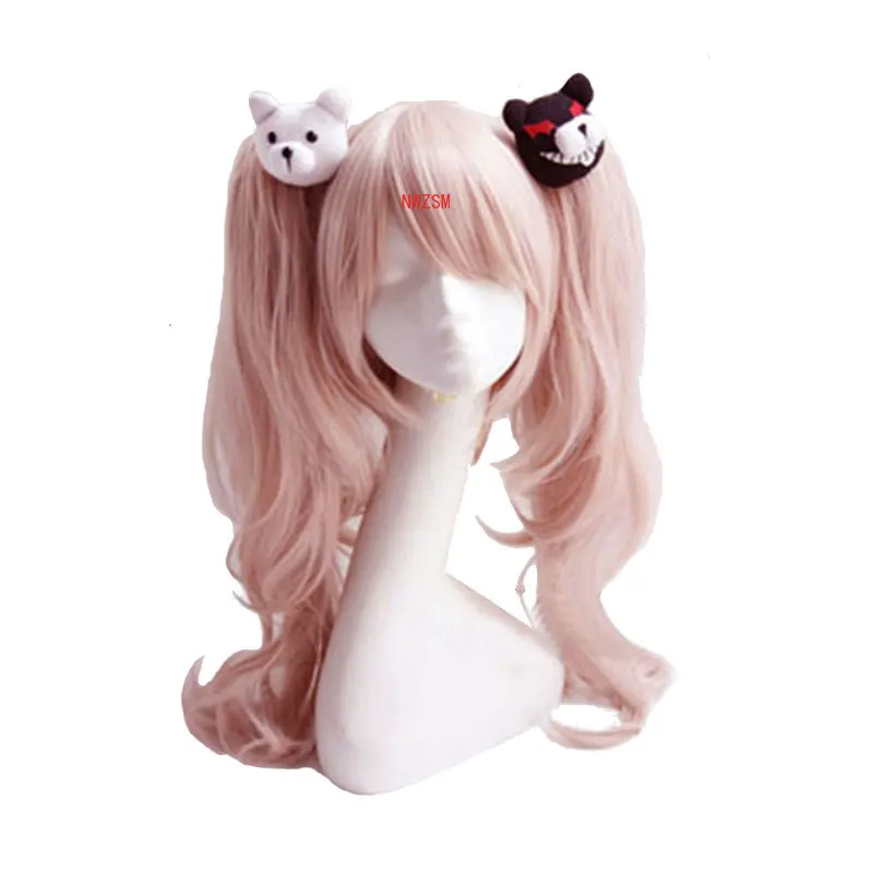 

Dangan Ronpa Danganronpa Enoshima Junko Cosplay Wig Pink Long Wavy with Ponytail Clip Heat Resistant Wig Bear Hairpins Costume