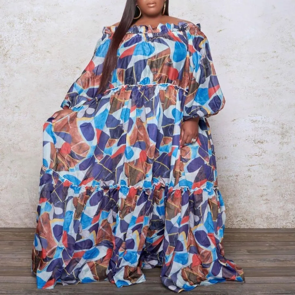 

Женское платье-макси с цветочным принтом, повседневное свободное платье с открытыми плечами, летние прямые шифоновые платья