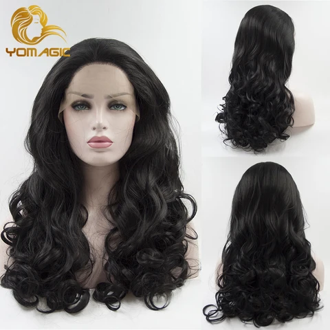 Yomic длинные волнистые 13x4 кружевные Передние синтетические волосы парики для женщин черного цвета безклеевые кружевные парики с предварительно выщипанной линией волос