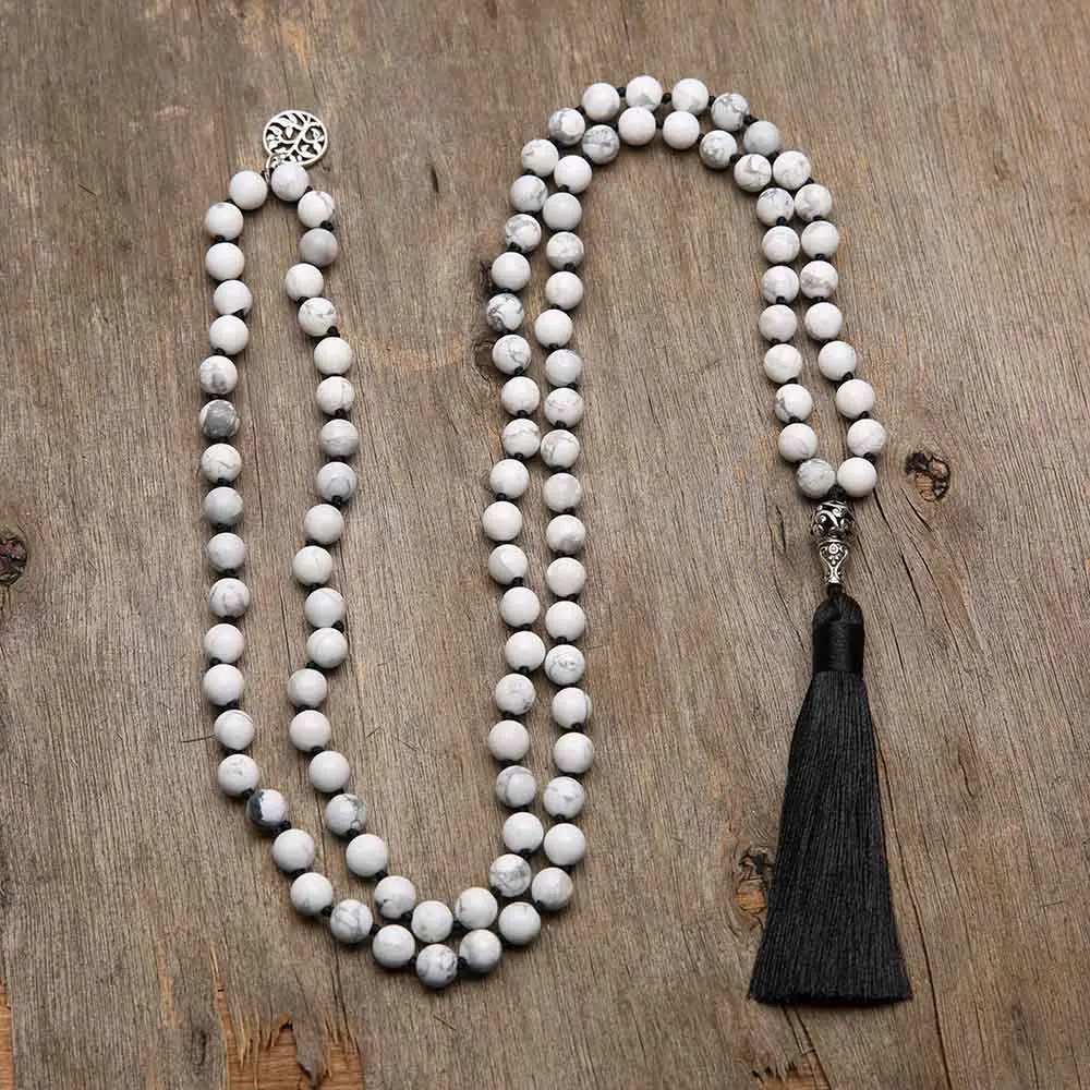 OAIITE 8 мм Howlite Mala 108 бусины ожерелье натуральный камень кисточка с узлом ручной