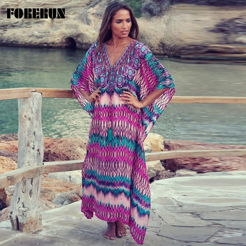 

FORERUN Women Bikini Cover Up Kaftan Summer Boho Beach Dress Colorful Long Maxi Saida De Praia Beachwear Pareos De Playa Mujer