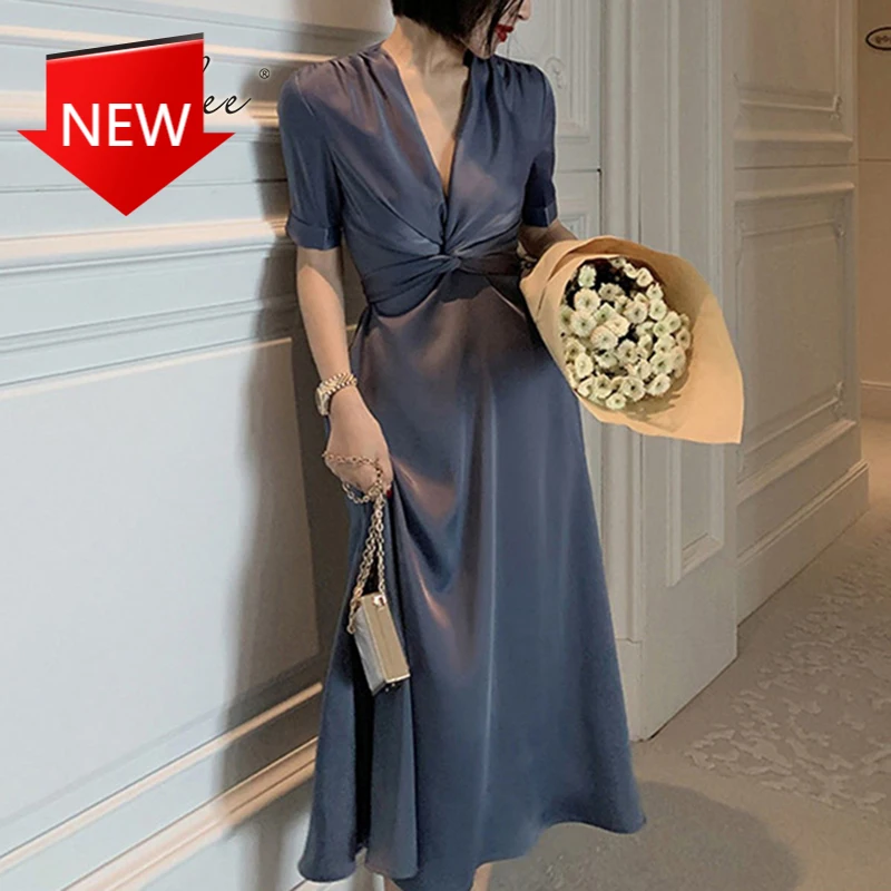 

Vintage Elegant Lady Office Red Blue Yellow Sexy Silk Party Midi Dress 2021 Summer Women Satin Dress Short Sleeve