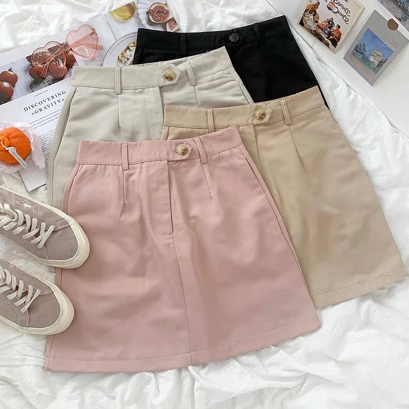 

Korean style temperament side button design summer solid color high waist all-match skirt