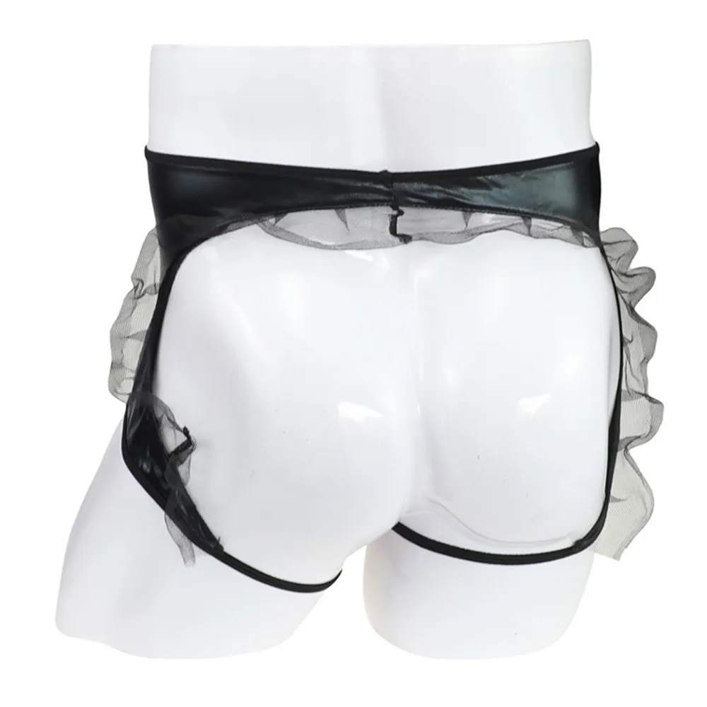 

Men Sexy Faux Leather Exposed Hips Fine Mesh Ruffled Boxer Briefs Underwear Underpants Bulge Pouch Short Pants Lingerie knickers