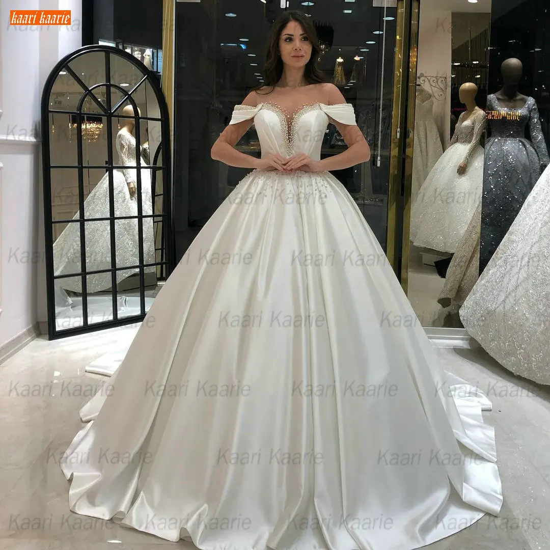 

Gorgeous White Satin Wedding Dress Pearls Beading 2021 Vestidos De Novia Court Train Bridal Gowns Custom Made Vestido Casamento