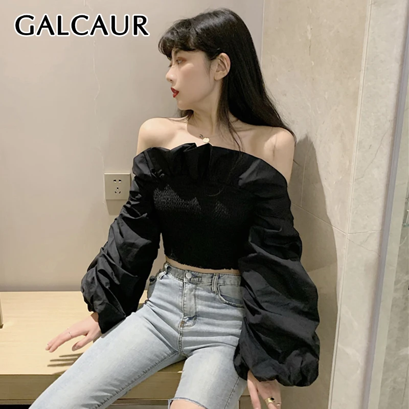 

GALCAUR Solid Shirt For Women Slash Neck Butterfly Sleeve Off Shouder Patchwork Ruffles Ruched Loose Blouse Female 2020 Fall New