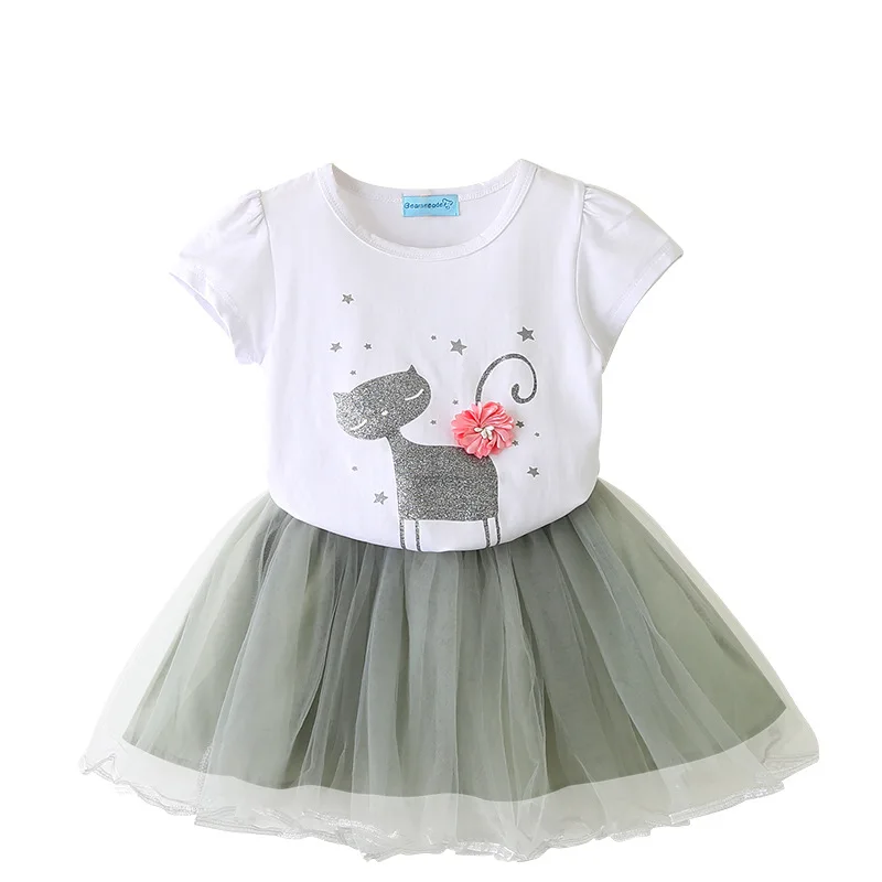 

The new girls' Two-piece set in 2021 the T-shirt of cartoon cat and Mesh Tutu skirt girl's suit Fashion girl's two-piece suit