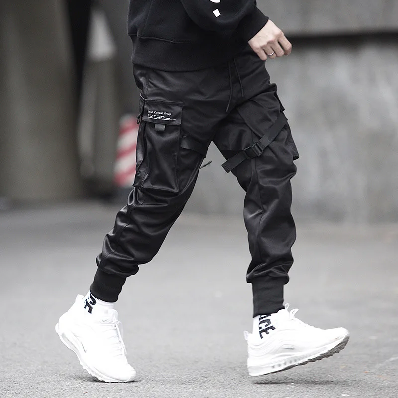 

Ribbons Harem Joggers Men Cargo Pants Streetwear Hip Hop Casual Pockets Track Pants Male Harajuku Fashion Trousers