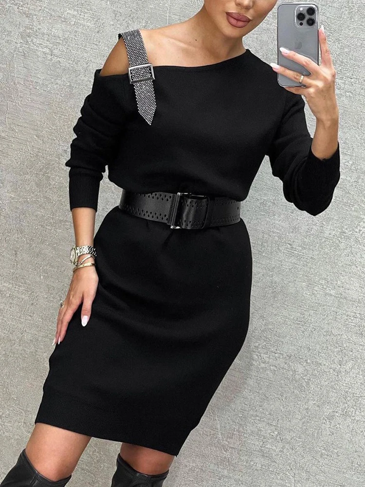 Женское платье на одно плечо с длинным рукавом и пряжкой | Женская одежда