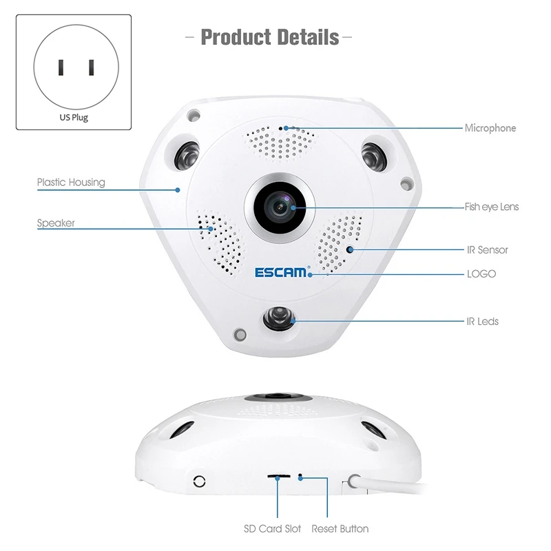 Камера видеонаблюдения ESCAM QP180 панорамный обзор на 360 градусов 960P HD беспроводная