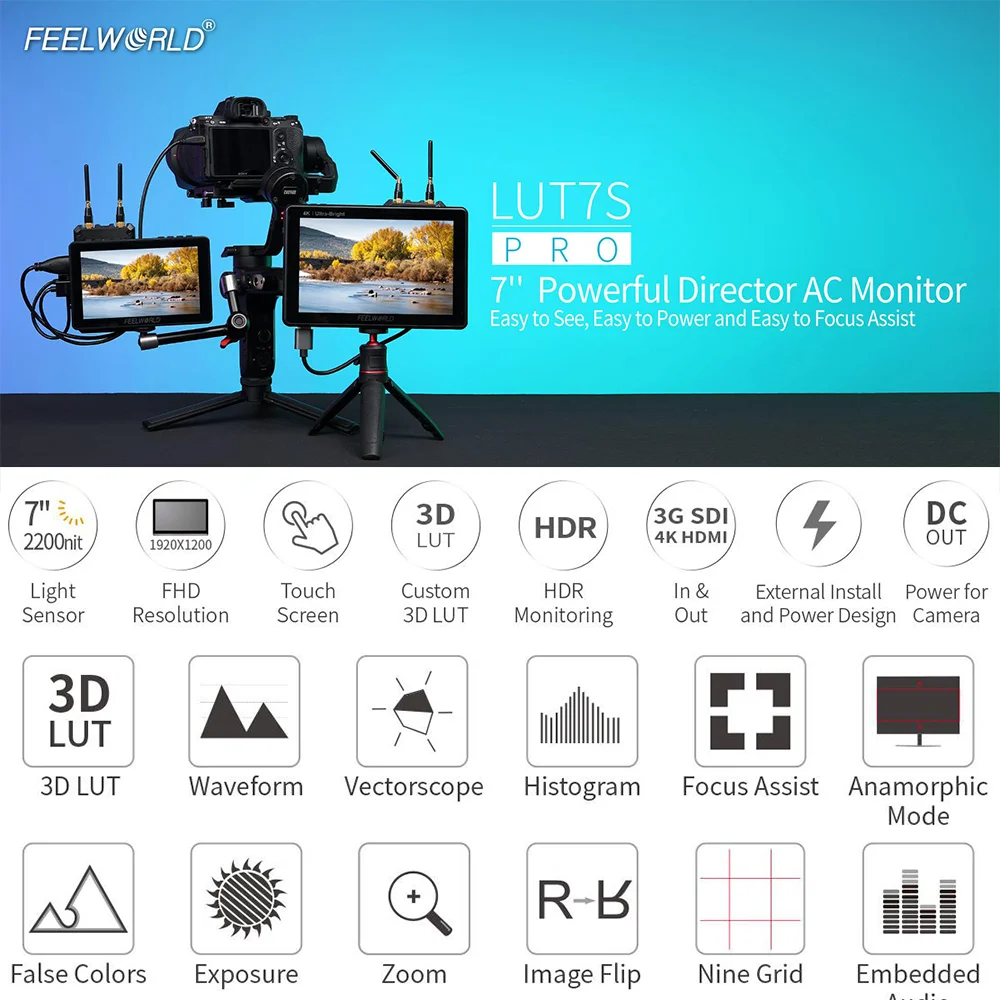 7 дюймовый сенсорный экран FEELWORLD LUT7S PRO 2200nits 3D LUT для цифровой зеркальной камеры
