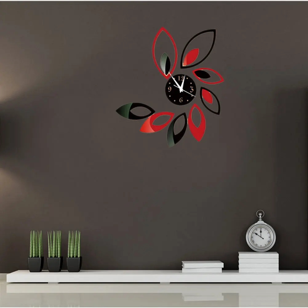 

3D Mirror Wall Clock Acrylic Removable Red Black Rhombus Leaves Sticker Decor Acrylic Wall Clock Stickers Wall Clock Tool
