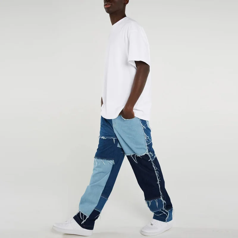 

Men's Straight Jeans Trousers Fashion Vintage Frayed Patchwork Color Block Denim Pants Men Casual Trousers Ripped Bottoms