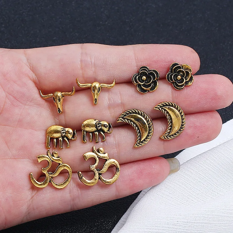 Модные простые серьги-гвоздики в форме слона золотого цвета стиле ретро набор