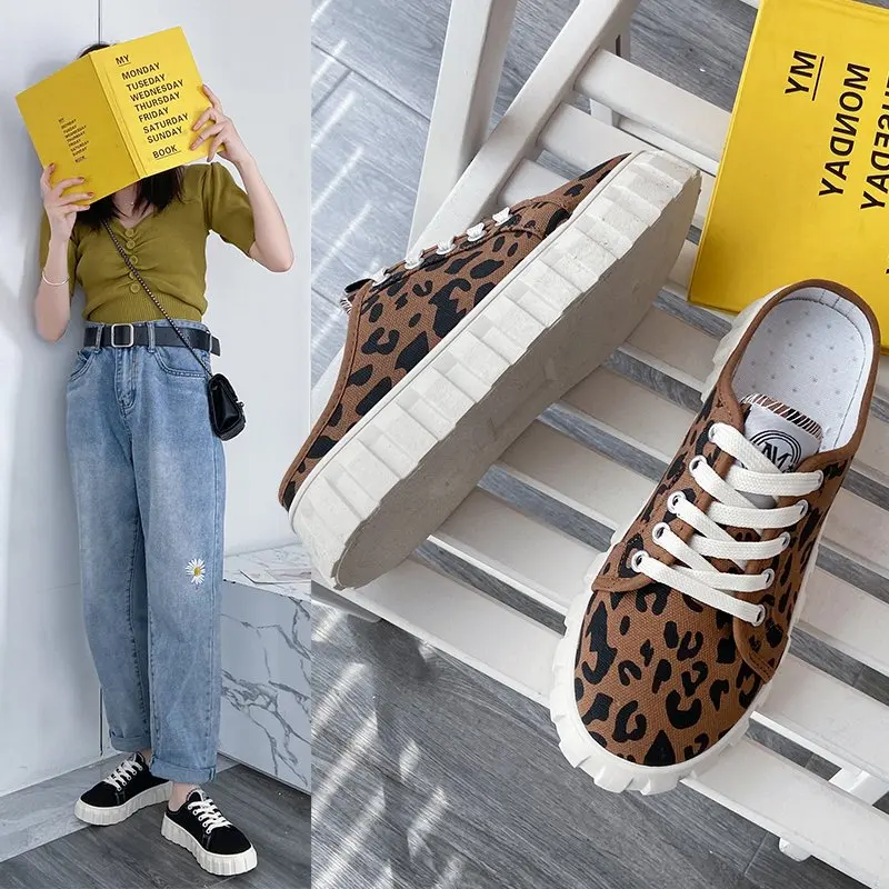 

Leopard Print Canvas Shoes Female 2021 New Summer Half-drag Student Shoes Wild Cow Canvas Shoes Harajuku Port Wind Board Shoes