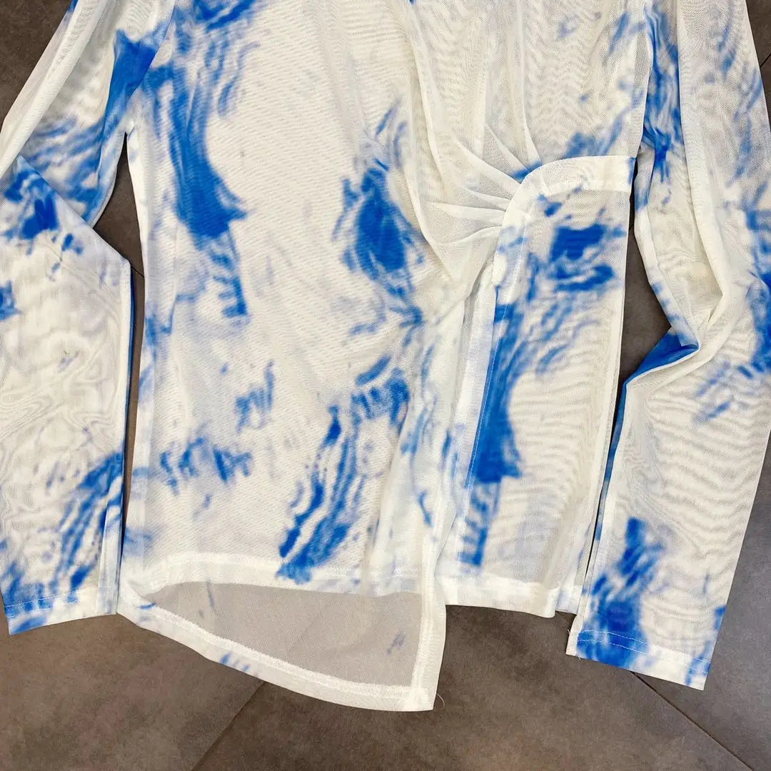 

ZCSMLL two pcs set Long-sleeved slit tie-dye anti-sack net gauze shirt with pleated pants streetwear suit tide 2021 summer tide