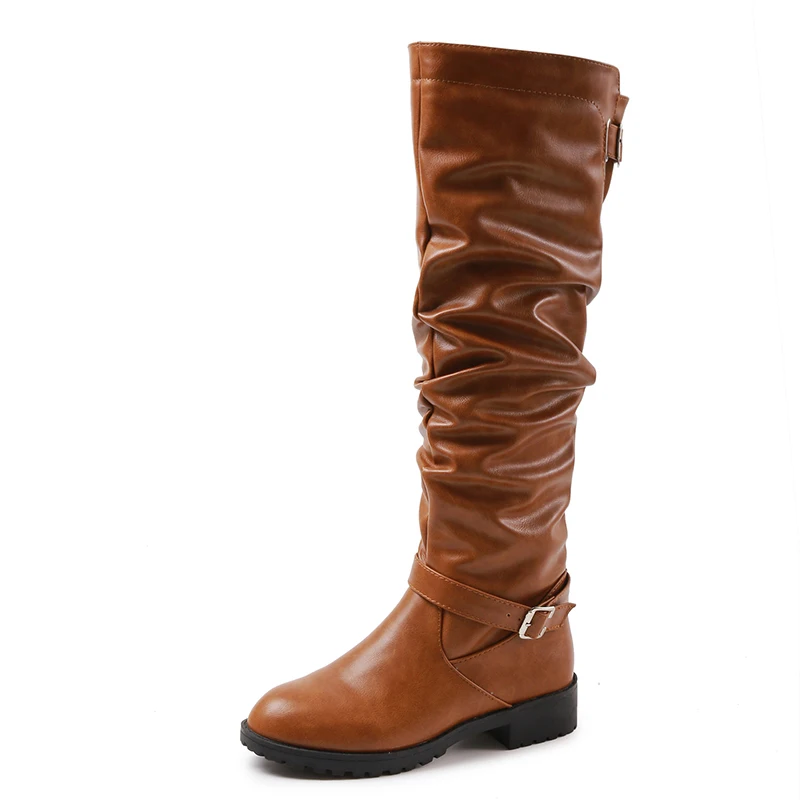 Brown Женские ботинки; сезон весна-осень; ботинки с пряжкой на ремешке; botas; женские эластичные ботинки из искусственной кожи; женские черные сапоги до колена в римском стиле - Цвет: Brown