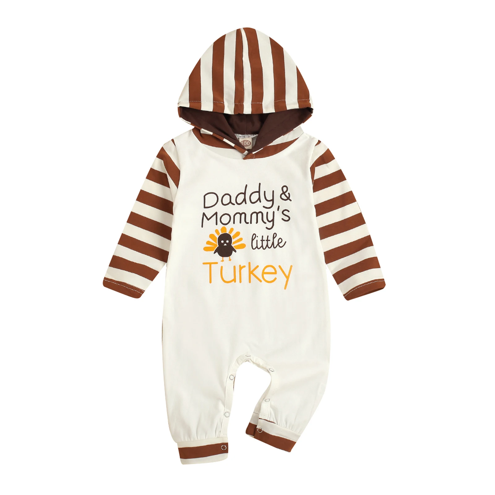 

Toddler Newborn Baby Girl Romper, Long Sleeve V Neck Letters Striped Print Crotch Buttons Hooded Bodysuit