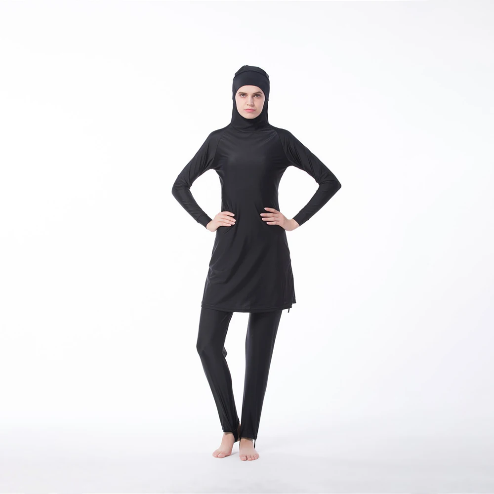 

Plus Size Woman Muslim Hijab Swimsuit Burkini Jersey Solid Color Black Islamic Swimsuit Muslim Swimwears 2021 Long Sleeve