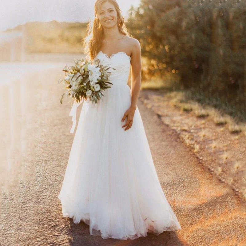 

Floor Length White Lace Wedding Dresses Bohemian Sweetheart Tulle Bridal Dresses A Line Boho Wedding Gowns vestido blanco