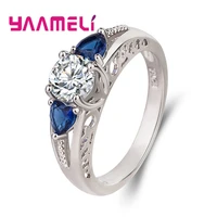 popular hot sale sterling 925 silver finger ring for women blue crystal rhinestone heart shaped valentines birthday gift anillos