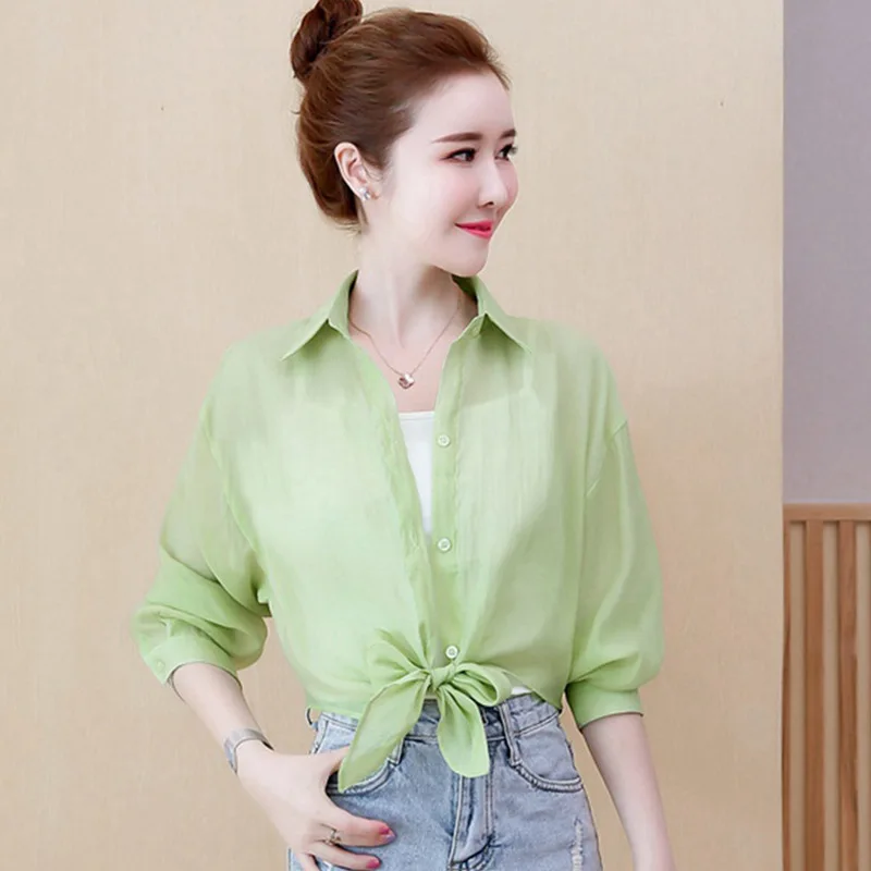 

Short Plaid Sunscreen 2019 Summer Hong Kong Style Westernized Shirt Thin Coat Fairy Lantern Sleeve Chiffon Top