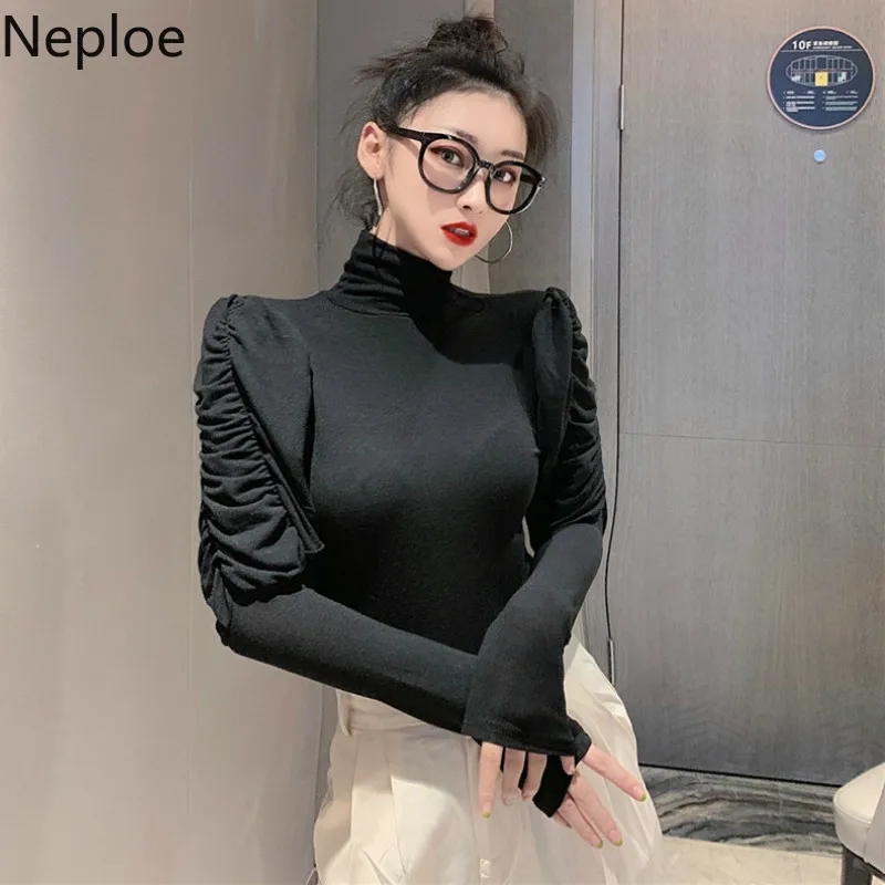 Neploe Turtleneck Solid Pleated Puff Long Sleeve Bottom T Shirt Fashion Slim Fit Autumn Spring 2020 New Tees Soft Wild Lady Top | Женская