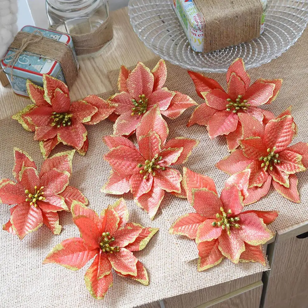 8 шт. искусственные цветы для украшения блестки Poinsettia поддельные DIY домашние