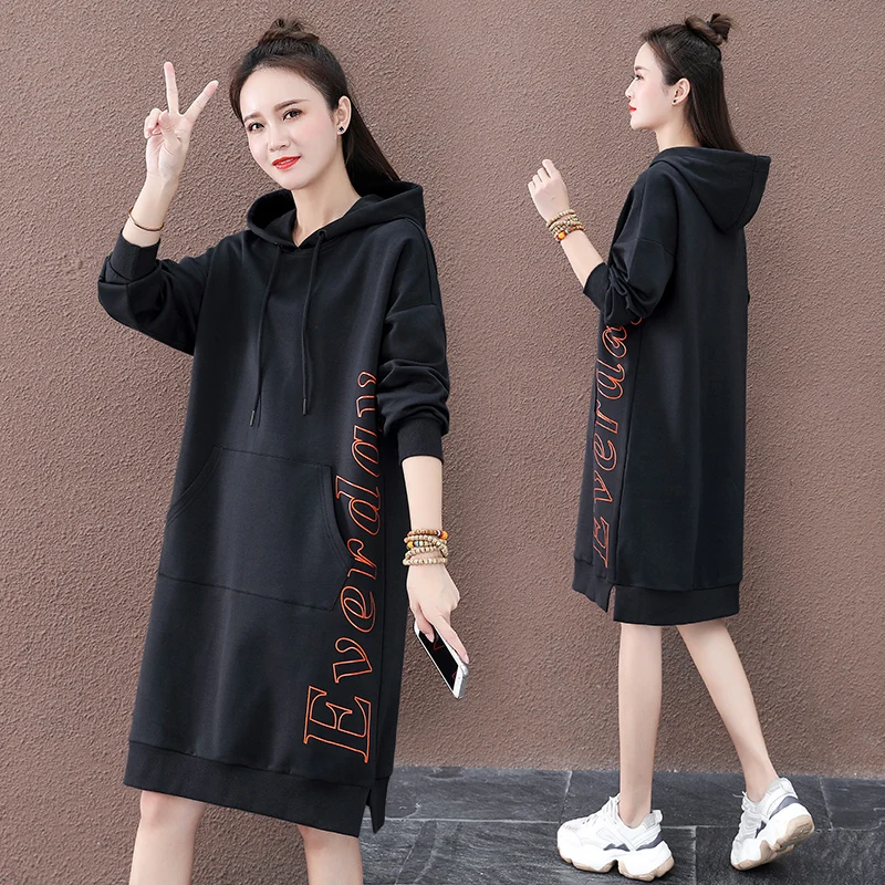 Mid-Length Sweater Dress Women's New Spring and Autumn Thin Korean Style Loose plus Size Hoodie Fashionable Dress