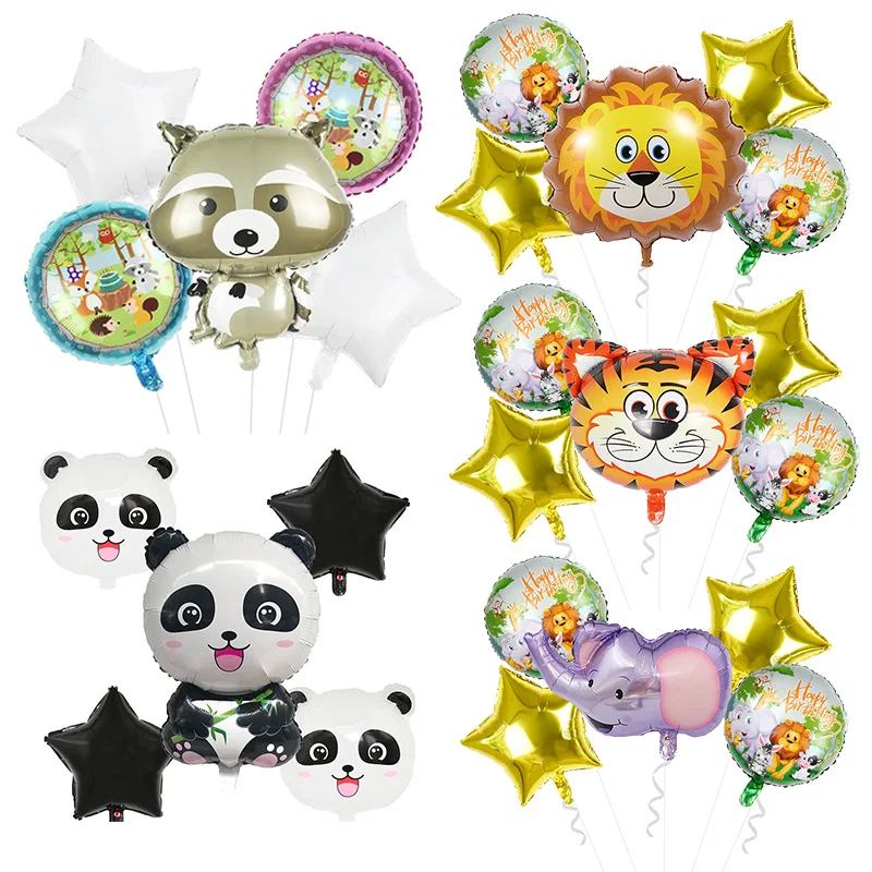 

5pcs Safari Animal Theme Foil Balloon Set Tiger Panda Raccoon Ballons Gold Star Globos for Kids Birthday Party Decoration Favor