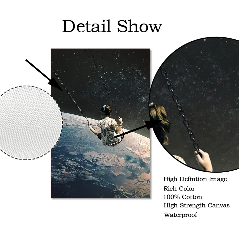 Девушка качели холст картина под ночным небом сюрреалистизм Галактика Космос