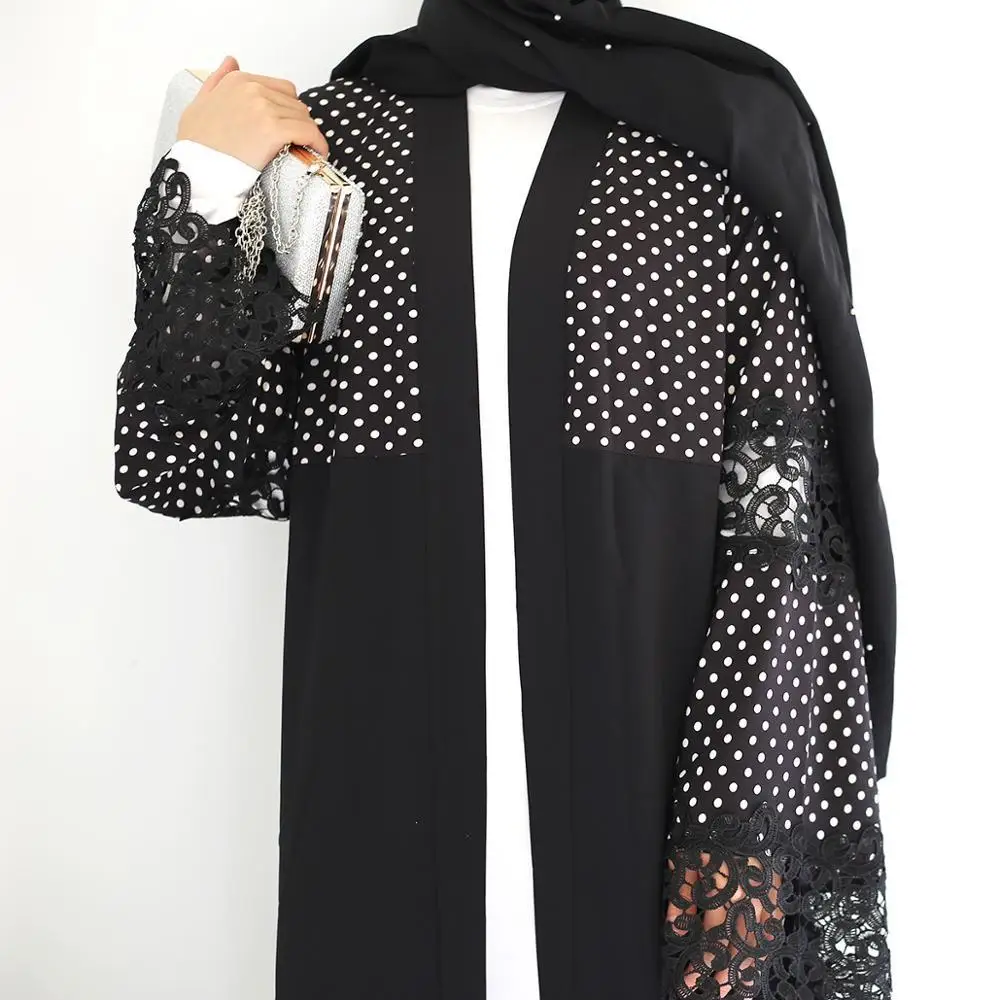 

Muslim Maxi Dress Lace Black Dot Abaya Kimono Outerwear Hijab Turkish Cardigan Long Robes Marocain Eid Ramadan UAE Arab Islamic