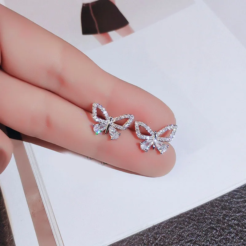 

Luxury Sterling silver Butterfly Stud Earrings For Women Cubic Zirconia Earring Sterling-Silver-Jewelry Brincos Shiny Earring
