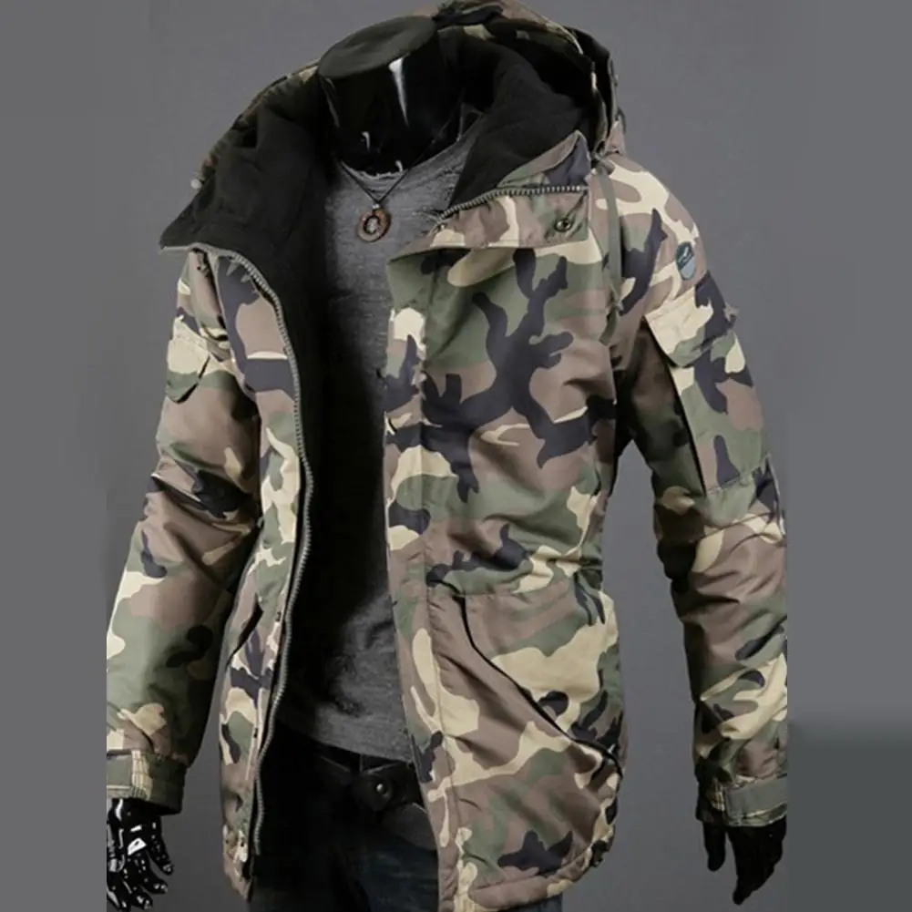 Autumn Winter Keep Warm Men Fashion Thicken Camouflage Print Pocket Fur Windbreaker Jacket Zipper Long Sleeve Coat