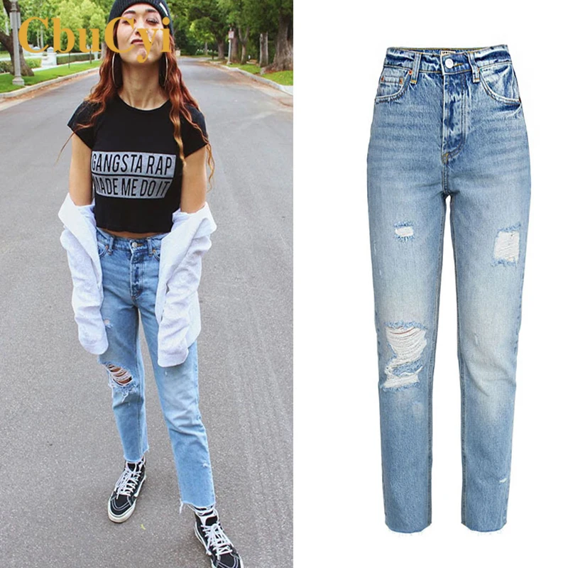 Женские джинсовые брюки с высокой талией синие мягкие хлопковые женские рваные