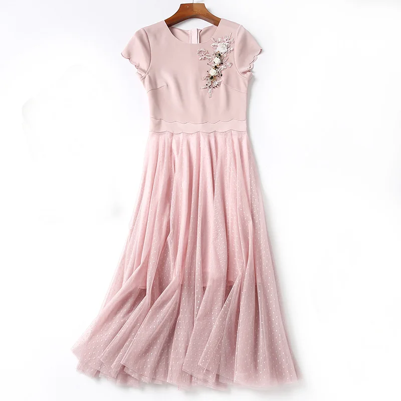 

Slim Fit & Flare Dress 2020 Summer Women Hand Made Beading Deco Short Sleeve Mid-Calf Length Black Pink Mesh Dress Vestidos