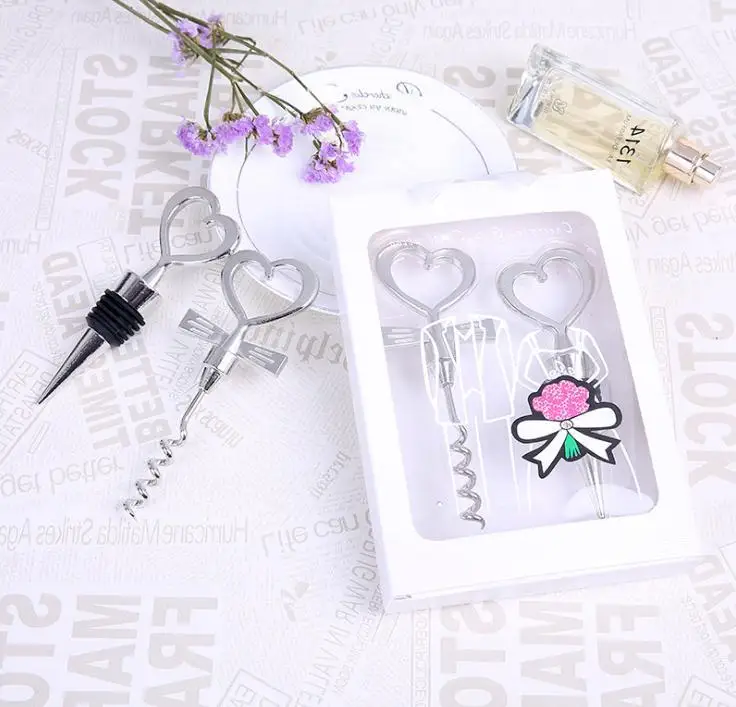 

100pcs(50sets)/lot Heart Shape Combination Couple Wine Bottle Opener Corkscrew And Stopper Set Wedding Souvenirs For Guest