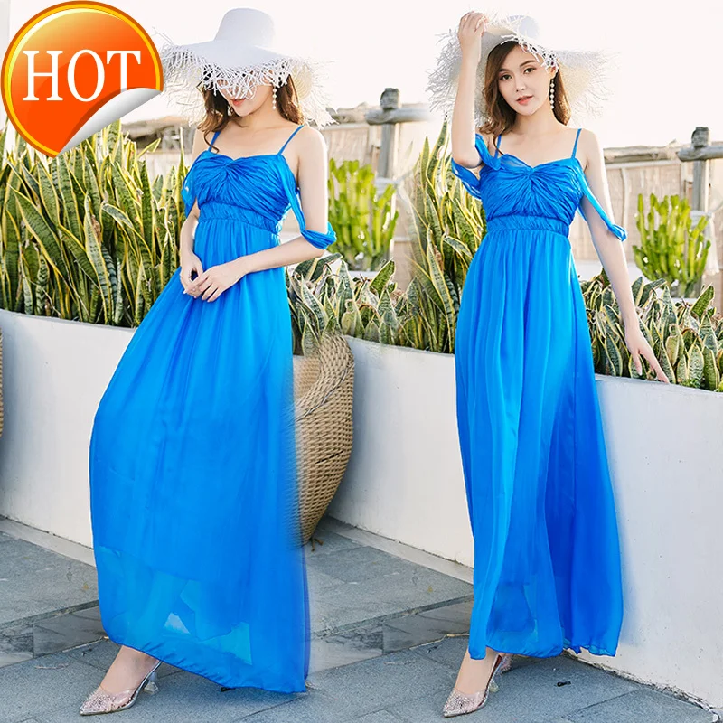 

Dress off the shoulder sleeve beach skirt Bohemian printed silk dress slim suspender dress Fairy