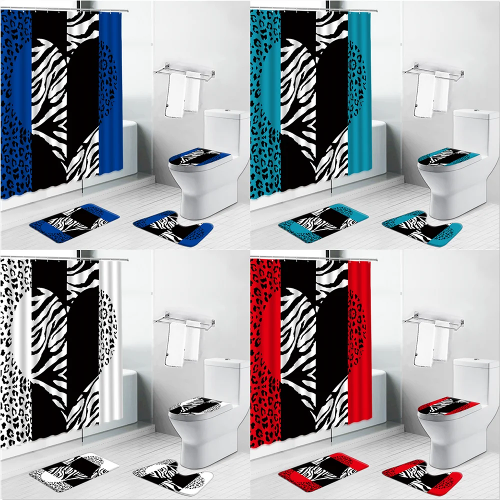 

Zebra Leopard Print Shower Curtains Bath Mats Stripe Fashion Bathroom Curtain Non Slip Rug Toilet Cover Floor Luxury Carpet Sets