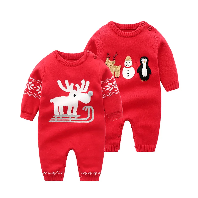 

New winter fashion baby clothes knitted sweater red long-sleeved Christmas deer style baby girl romper