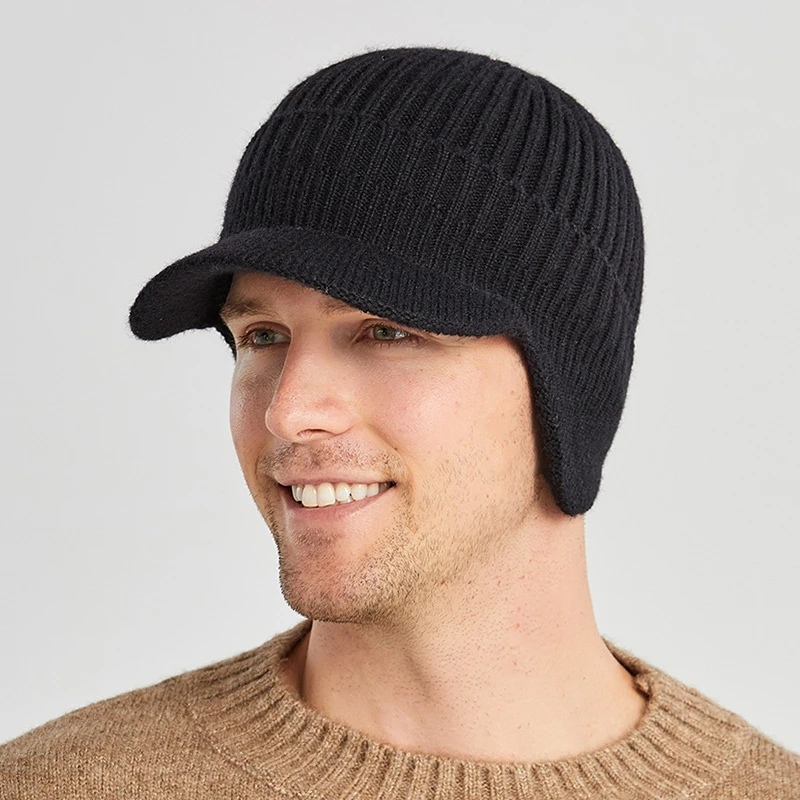 

New Fashion Winter Men‘s Hat Thick Windproof Sun Visor Hat Outdoor Riding Warm Ear Protection Knitted Hat Male Baseball Cap -40