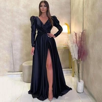 2022 navy blue prom dresses long sleeve v neck side slit satin sexy formal evening gowns long party night robes de soir%c3%a9e