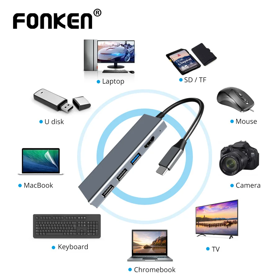 

FONKEN USB Type C Hub HDMI Adapter Multi USB Splitter U-Disk SD TF Card Reader USB Hab Extender