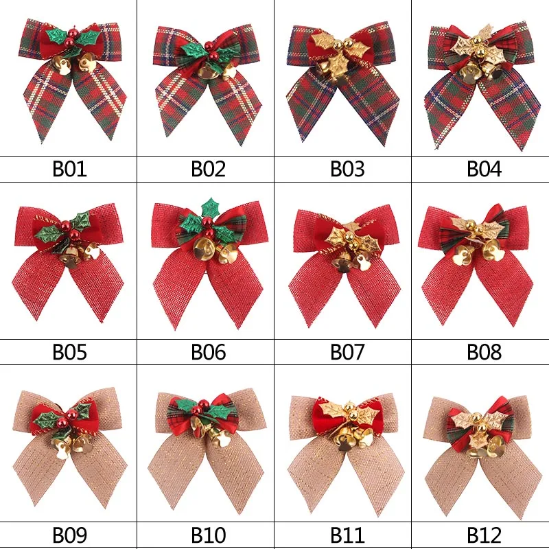 8*8cm Christmas Bow With Mini Bells Christmas Tree Grid Bowknot Ornament for Xmas New Year Party DIY Gift Wrapping Decoration 8z
