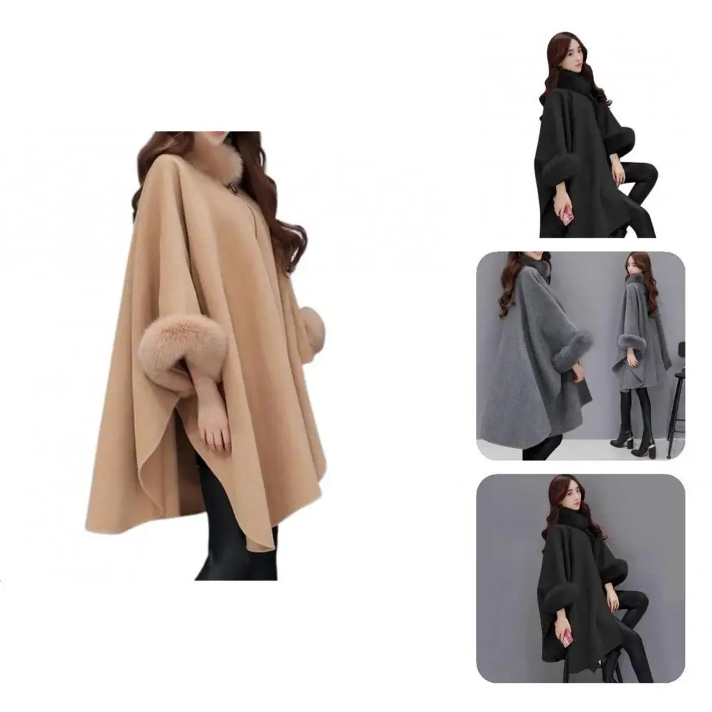 Женское свободное однотонное пончо с воротником из искусственного меха для